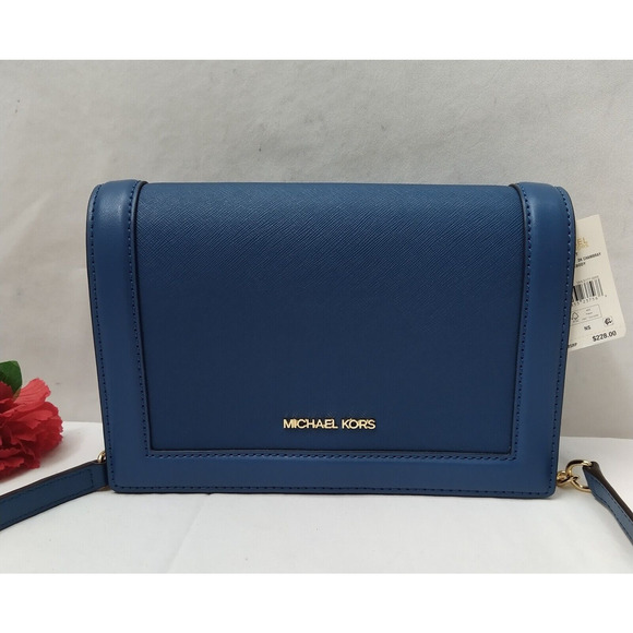 Michael Kors Jet Set Blue Leather Flap Closure Chain Strap Crossbody Bag - Picture 1 of 16